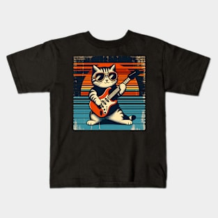 Electric Guitar Cat Rock Music Retro Funny Cat Kids T-Shirt